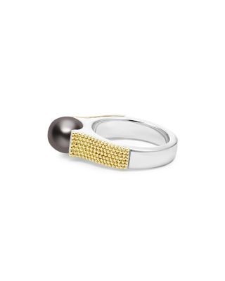 Lagos 18K Yellow Gold & Sterling Silver Luna Black Tahitian Pearl Caviar Bead Ring