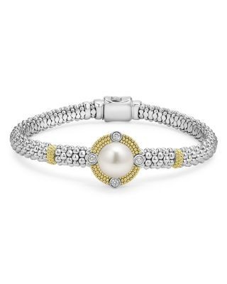 Lagos 18K Yellow Gold & Sterling Silver Luna Cultured Freshwater Pearl & Diamond Caviar Bead Bracelet