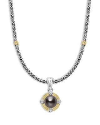 Lagos 18K Yellow Gold & Sterling Silver Luna Black Tahitian Pearl & Diamond Pendant Necklace, 18