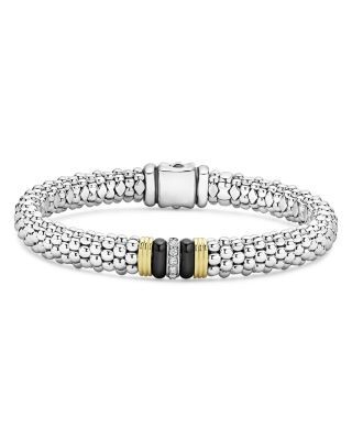 Lagos 18K Yellow Gold & Sterling Silver Black Caviar Ceramic & Diamond Bead Link Bracelet