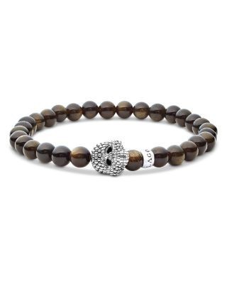 Lagos Men's Sterling Silver Anthem Obsidian Bead Skull Stretch Bracelet - Exclusive