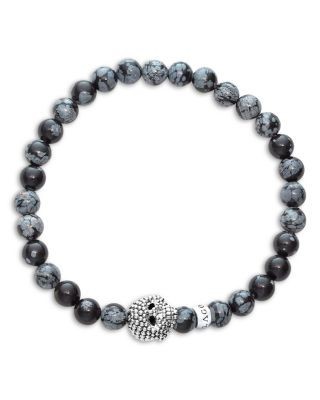 Lagos Men's Sterling Silver Anthem Snowflake Obsidian Bead Skull Stretch Bracelet - Exclusive