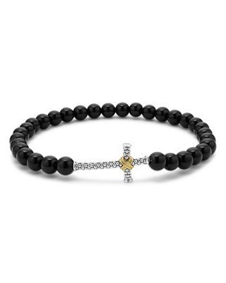 Lagos Men's 18K Yellow Gold & Sterling Silver Anthem Onyx Bead Cross Stretch Bracelet - Exclusive