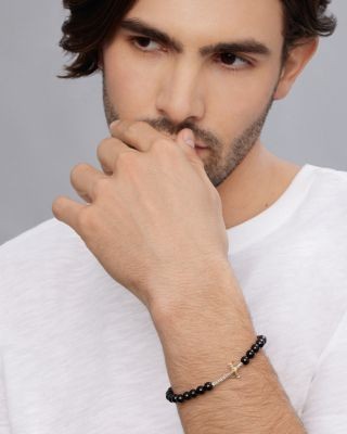 Lagos Men's 18K Yellow Gold & Sterling Silver Anthem Onyx Bead Cross Stretch Bracelet - Exclusive