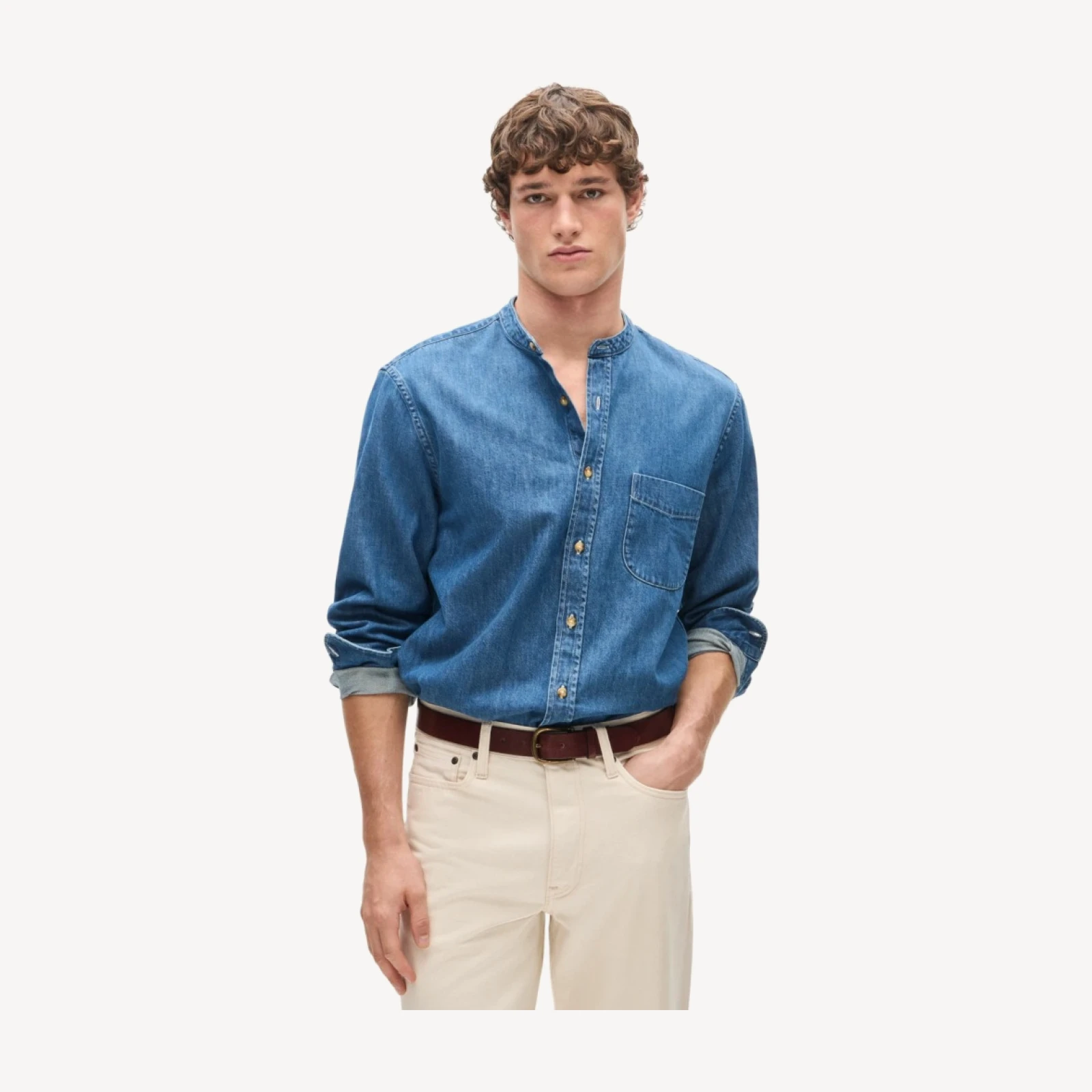 Midweight denim band-collar shirt