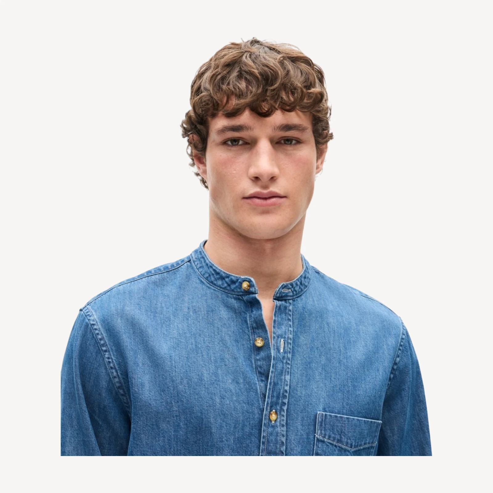 Midweight denim band-collar shirt