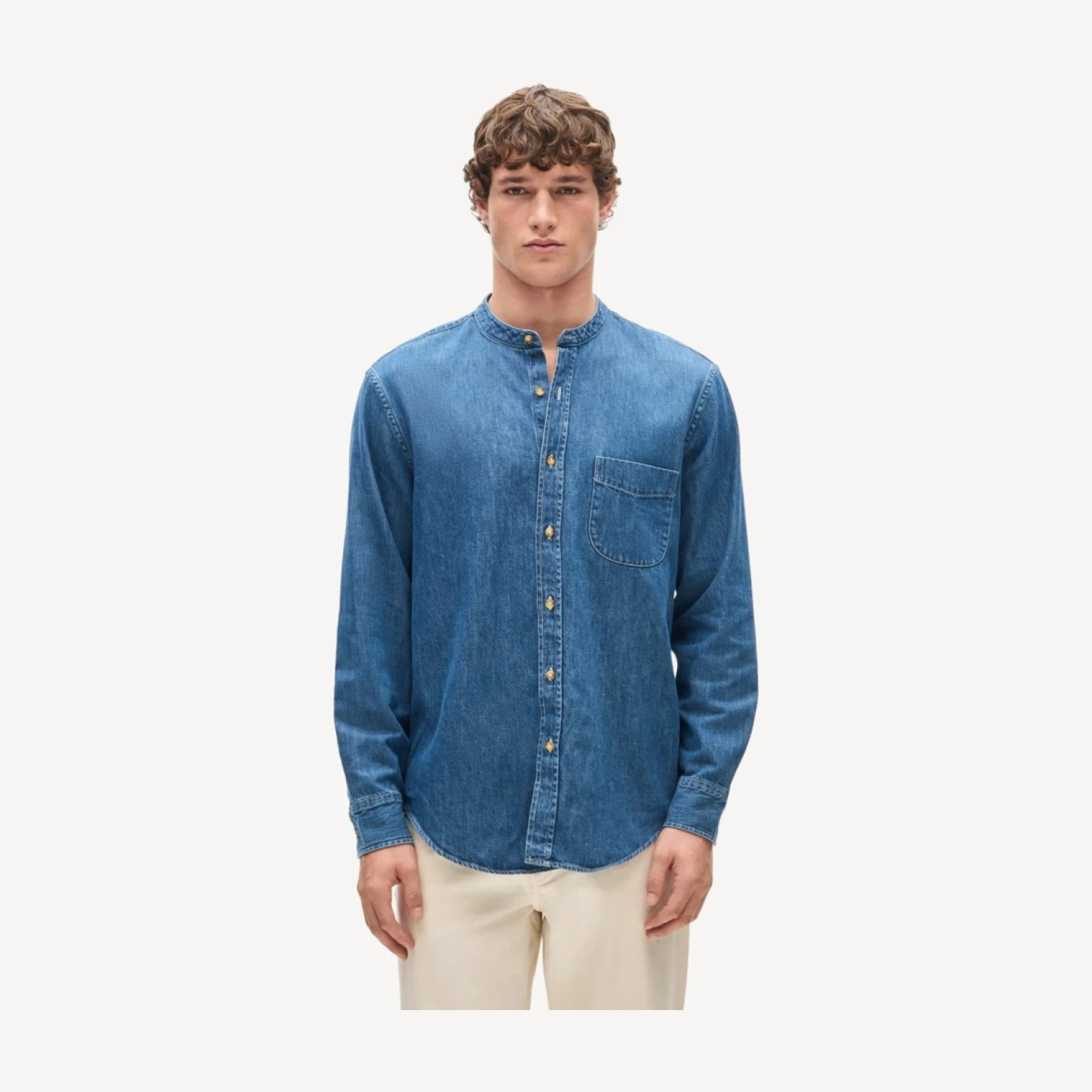 Midweight denim band-collar shirt
