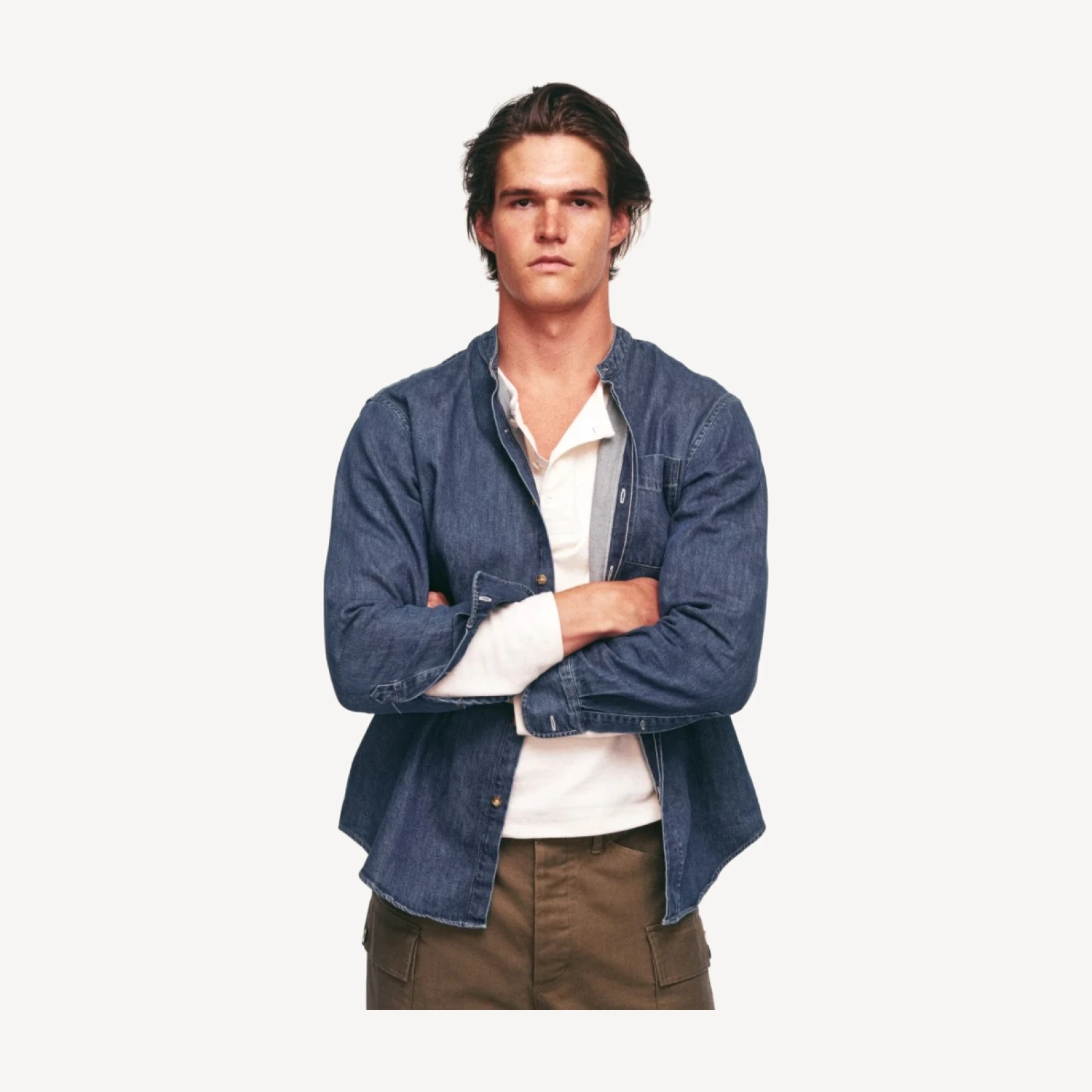 Midweight denim band-collar shirt