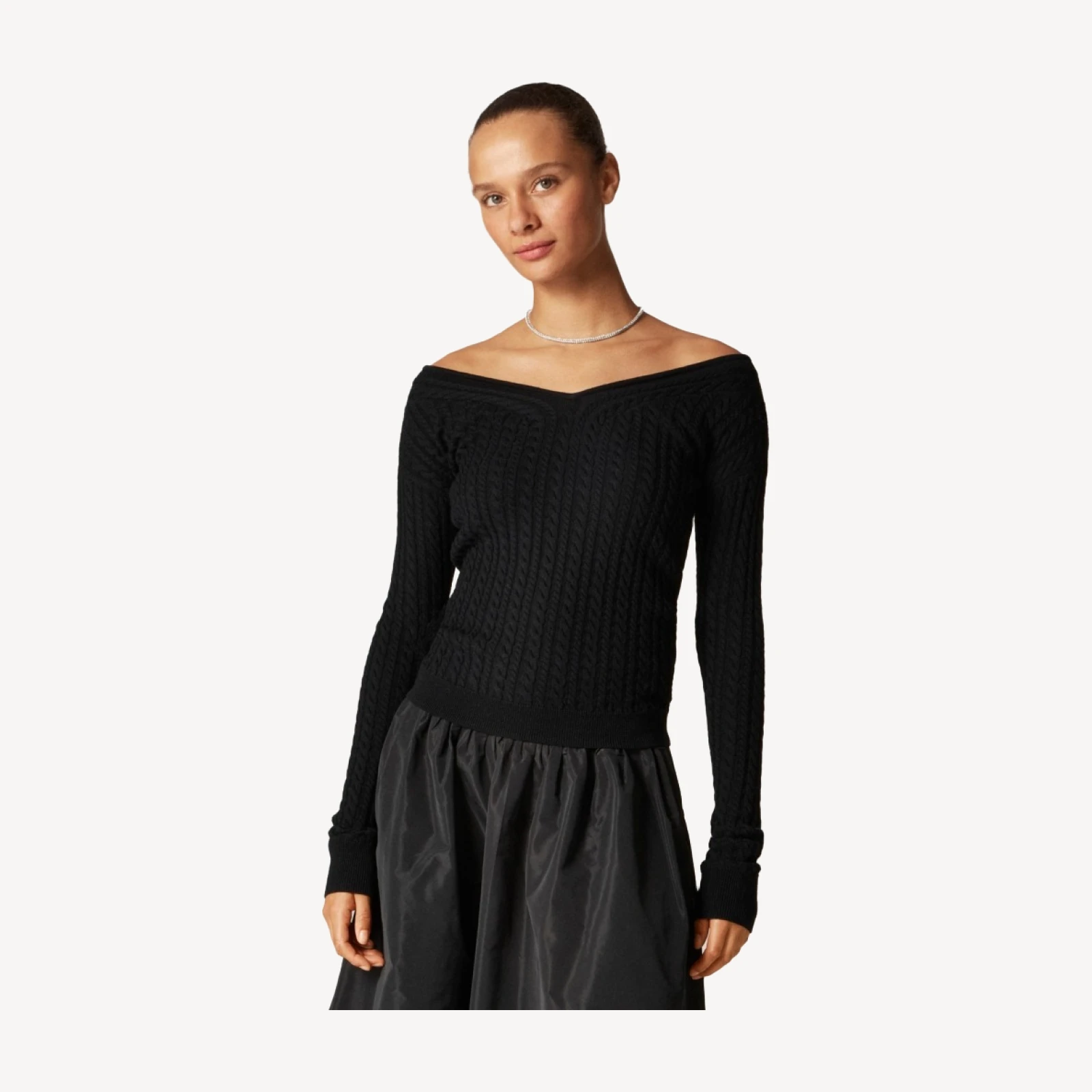 Cable-knit wide V-neck sweater in merino wool