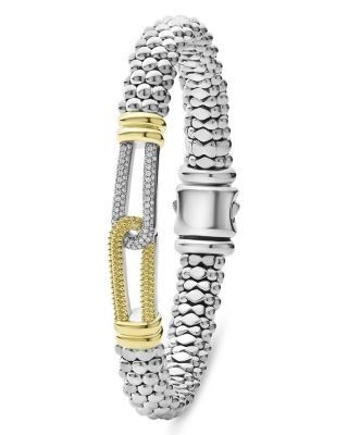 Lagos Sterling Silver & 18K Yellow Gold Diamond Interlocking Caviar Bracelet