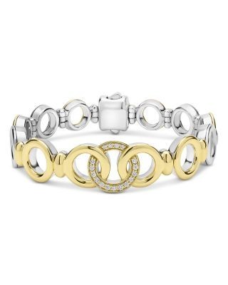 Lagos 18K Yellow Gold & Sterling Silver Signature Caviar Diamond Interlocking Ring Link Bracelet