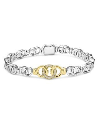 Lagos 18K Yellow Gold & Sterling Silver Signature Caviar Diamond Interlocking Ring Link Bracelet