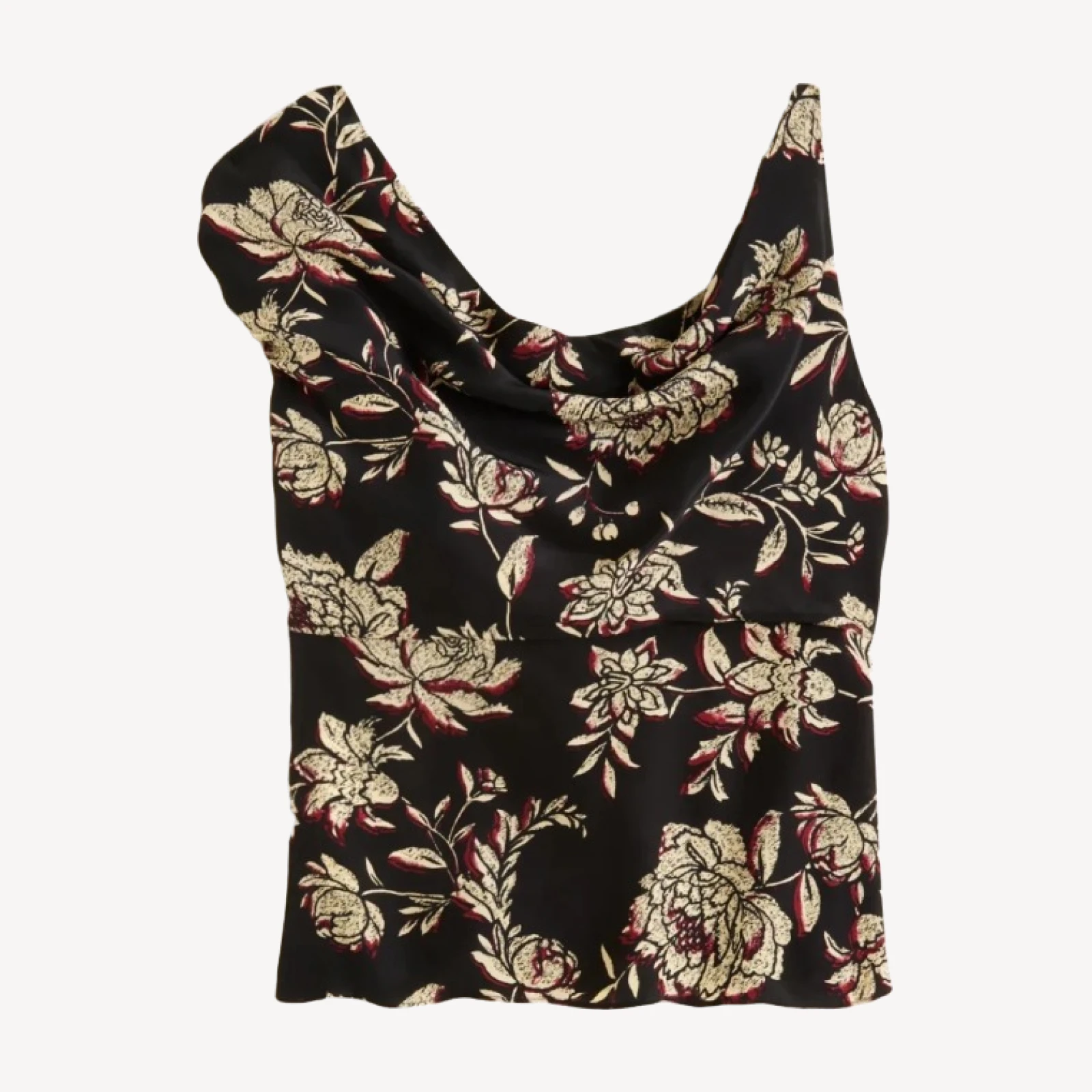 Asymmetrical cowlneck top in floral crepe de chine