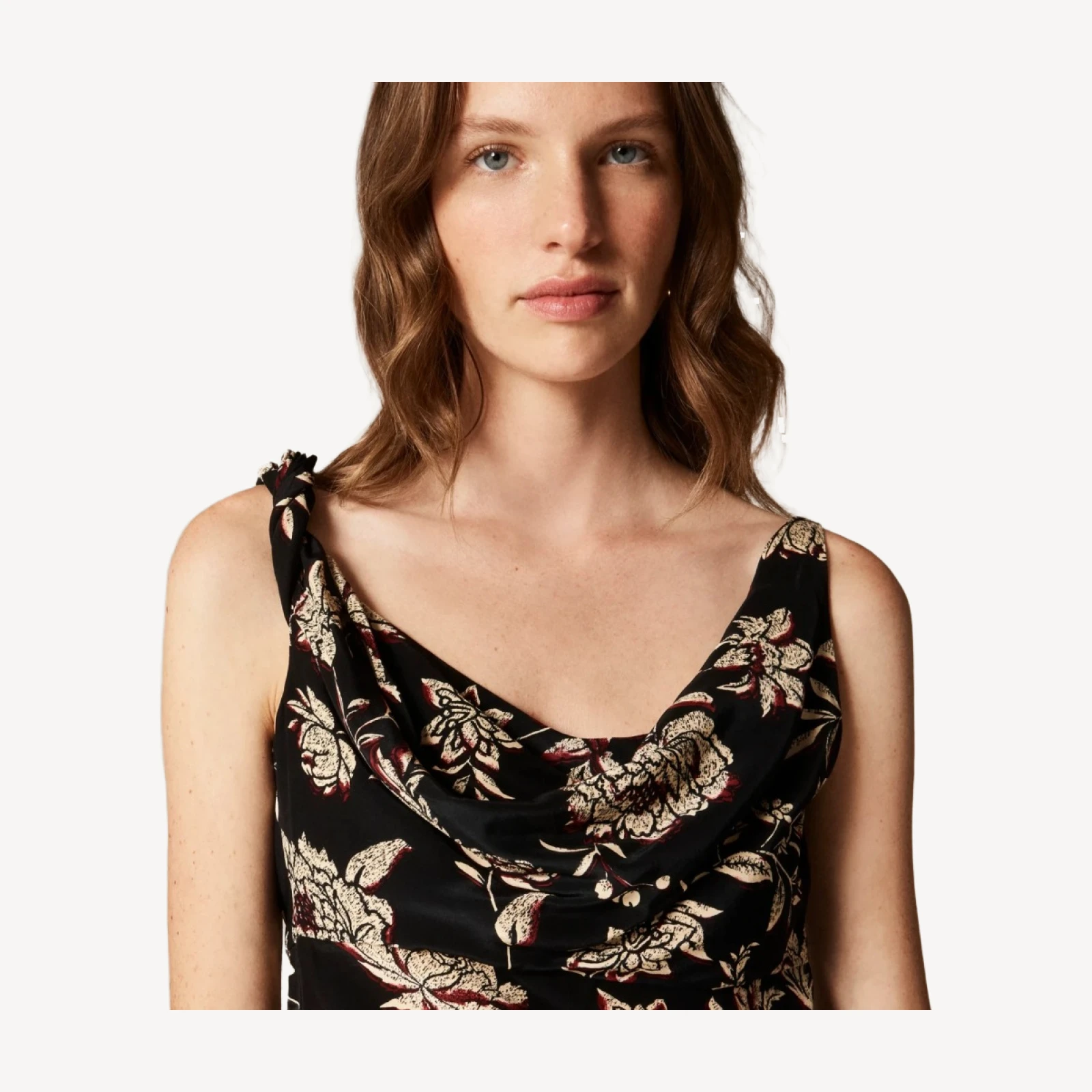 Asymmetrical cowlneck top in floral crepe de chine