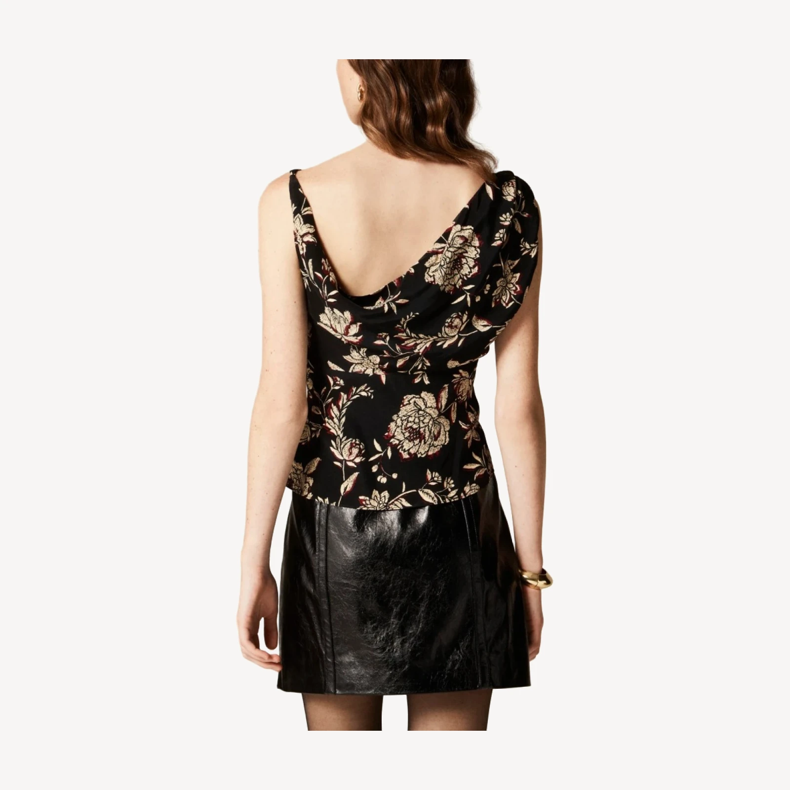 Asymmetrical cowlneck top in floral crepe de chine