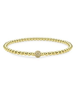 Lagos 18K Yellow Gold Caviar Diamond Pave Ball Stretch Bracelet