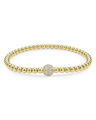 Lagos 18K Yellow Gold Caviar Diamond Pave Ball Stretch Bracelet