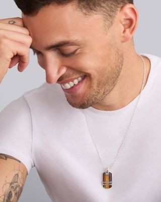 Lagos Men's Sterling Silver Anthem Tiger Eye Dog Tag Amulet Pendant - Exclusive