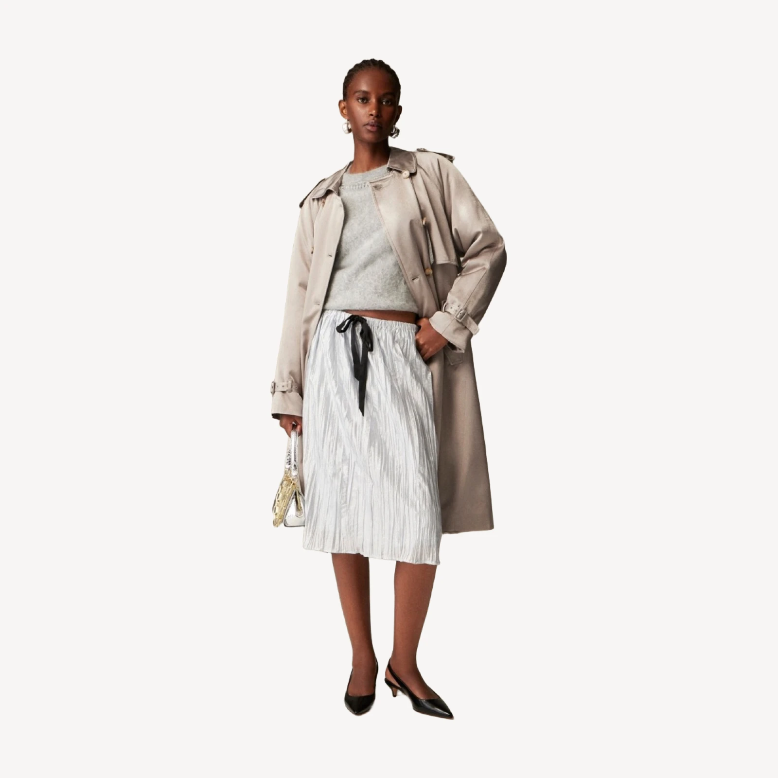 Collection knee-length skirt in crinkled nylon