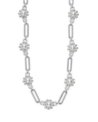 Lagos Sterling Silver Luna Cultured Pearl Fleur Link Necklace, 18