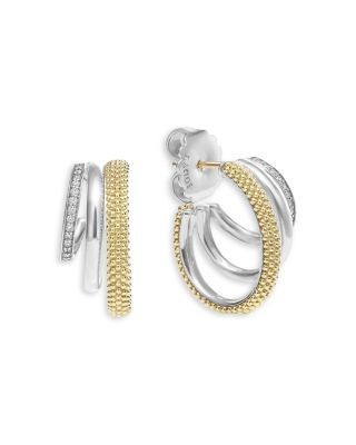 Lagos Two Tone Caviar Lux Three Ring Diamond Hoop Earrings, 0.16 tcw