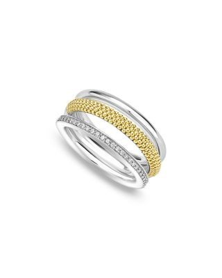 Lagos Two Tone Caviar Lux Three Row Diamond Ring, 0.135 tcw