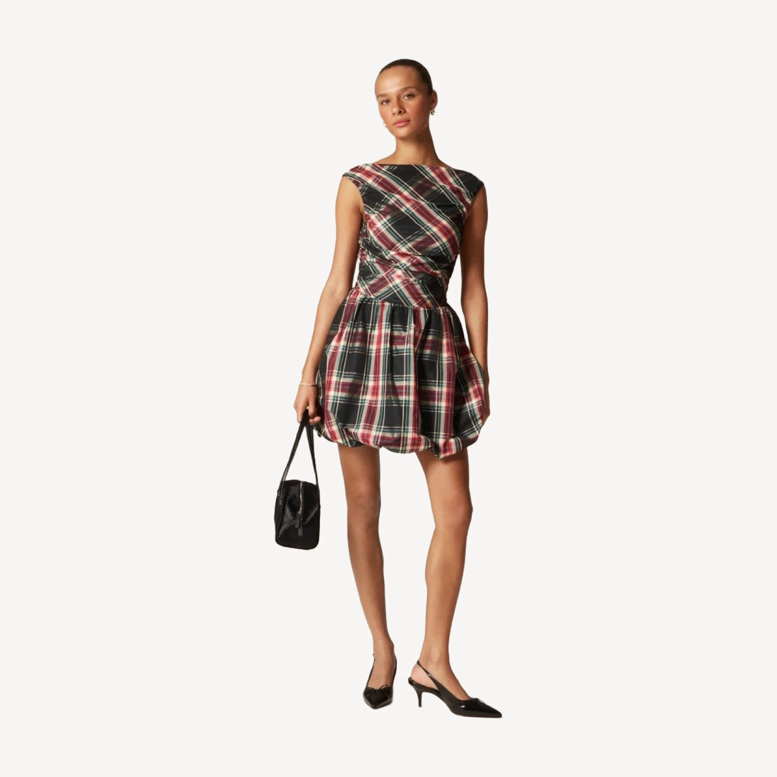 Ruched bubble-hem dress in Stewart tartan taffeta