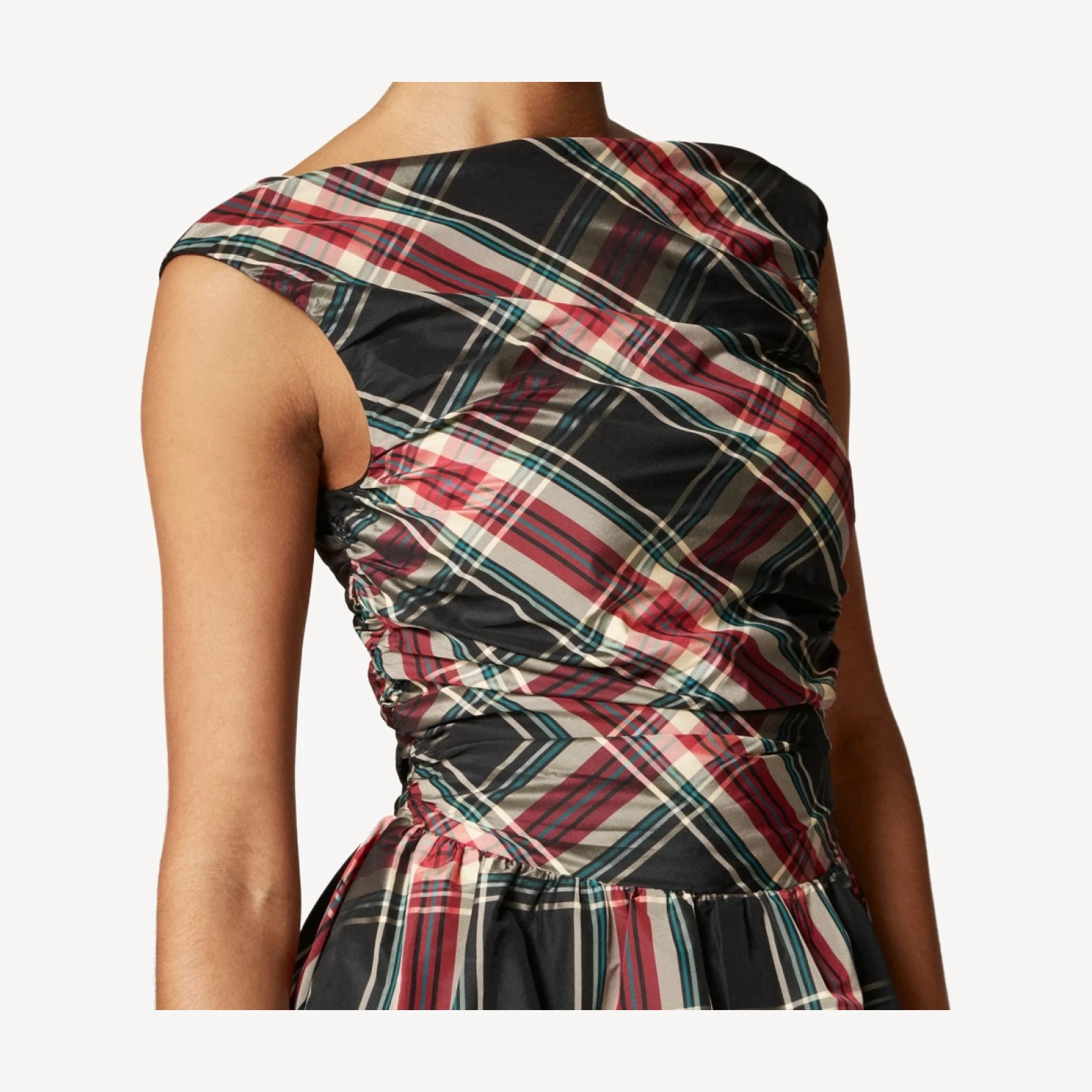 Ruched bubble-hem dress in Stewart tartan taffeta