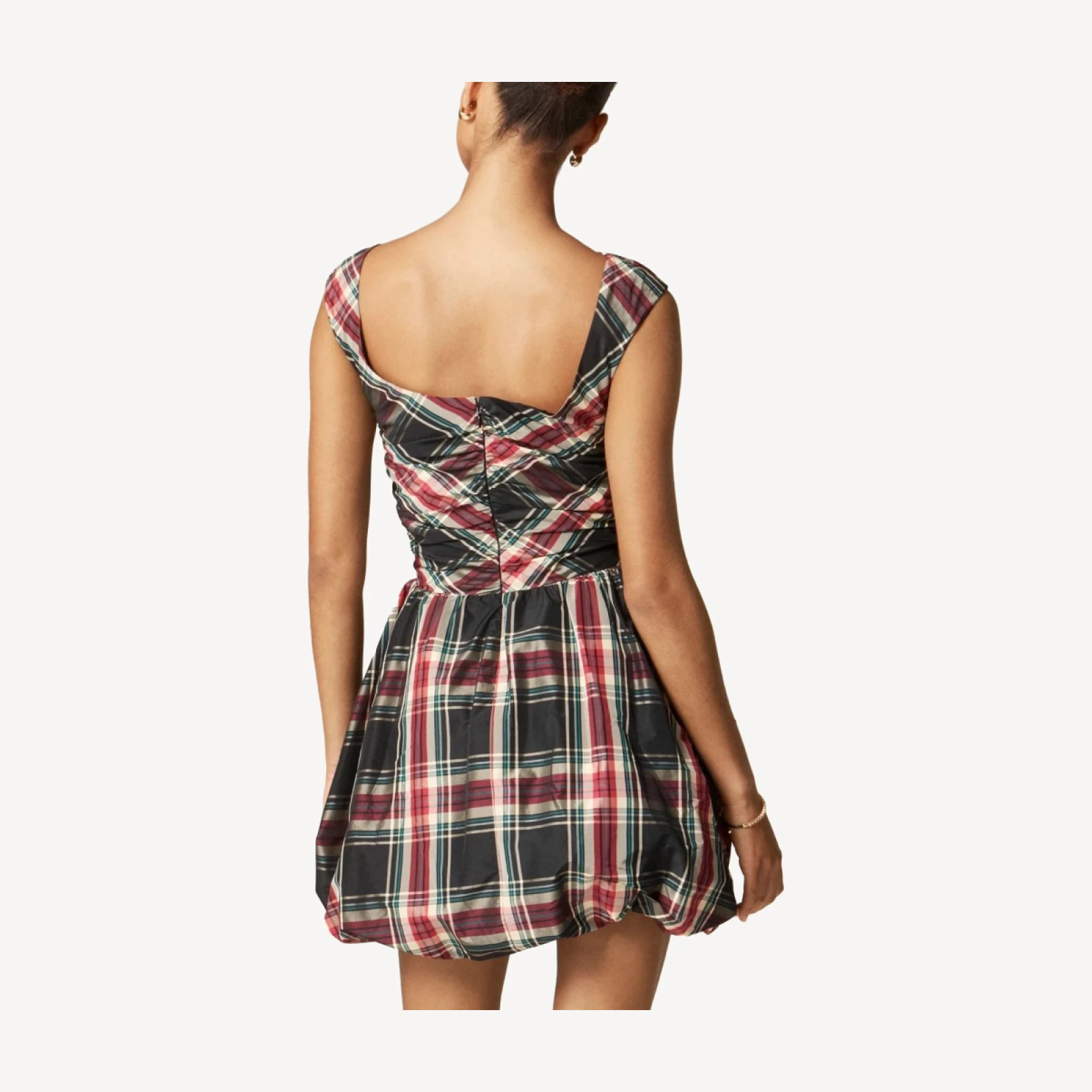 Ruched bubble-hem dress in Stewart tartan taffeta