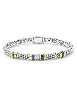Lagos 18K Yellow Gold & Sterling Silver Black Caviar Diamond & Black Ceramic Station Bracelet