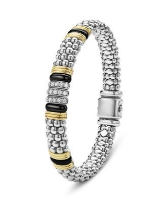 Lagos 18K Yellow Gold & Sterling Silver Black Caviar Diamond & Black Ceramic Station Bracelet