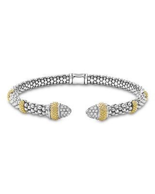 Lagos 18K Yellow Gold & Sterling Silver Caviar Lux Diamond Beaded Cuff Bracelet