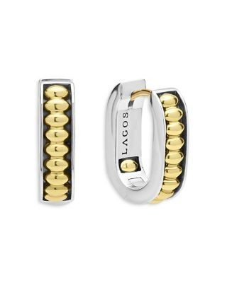 Lagos 18K Yellow Gold & Sterling Silver Signature Caviar Diamond Huggie Hoop Earrings