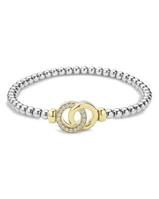 Lagos 18K Yellow Gold & Sterling Silver Signature Caviar Diamond Interlocking Ring Stretch Bracelet