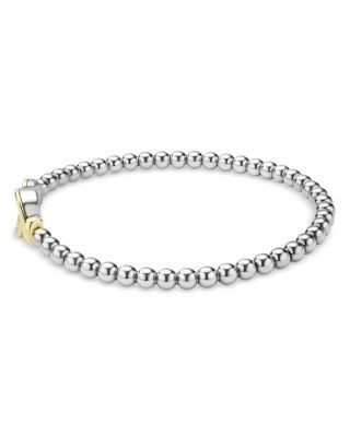 Lagos 18K Yellow Gold & Sterling Silver Signature Caviar Diamond Interlocking Ring Stretch Bracelet