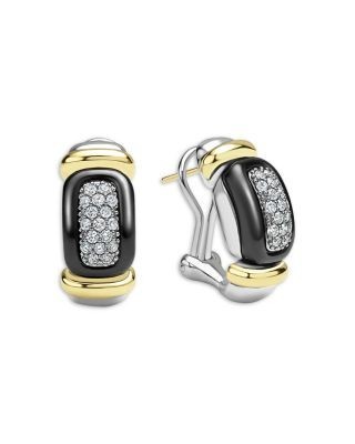 Lagos Diamond & Black Ceramic Huggie Earrings in Sterling Silver & 18K Gold Plated Sterling Silver