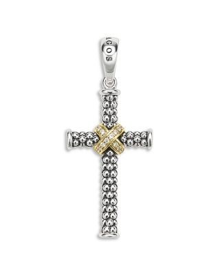 Lagos Small Two Tone Caviar Beaded Diamond Cross Amulet, 0.038 tcw