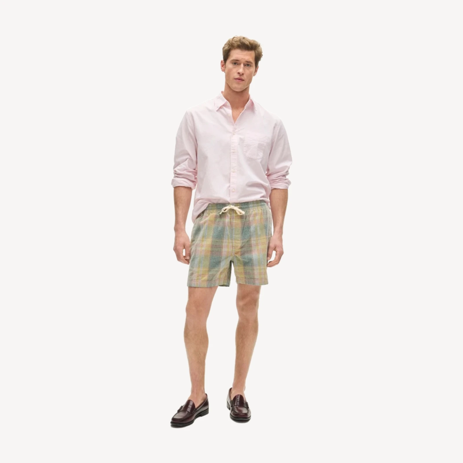 5" everyday drawstring short in plaid corduroy
