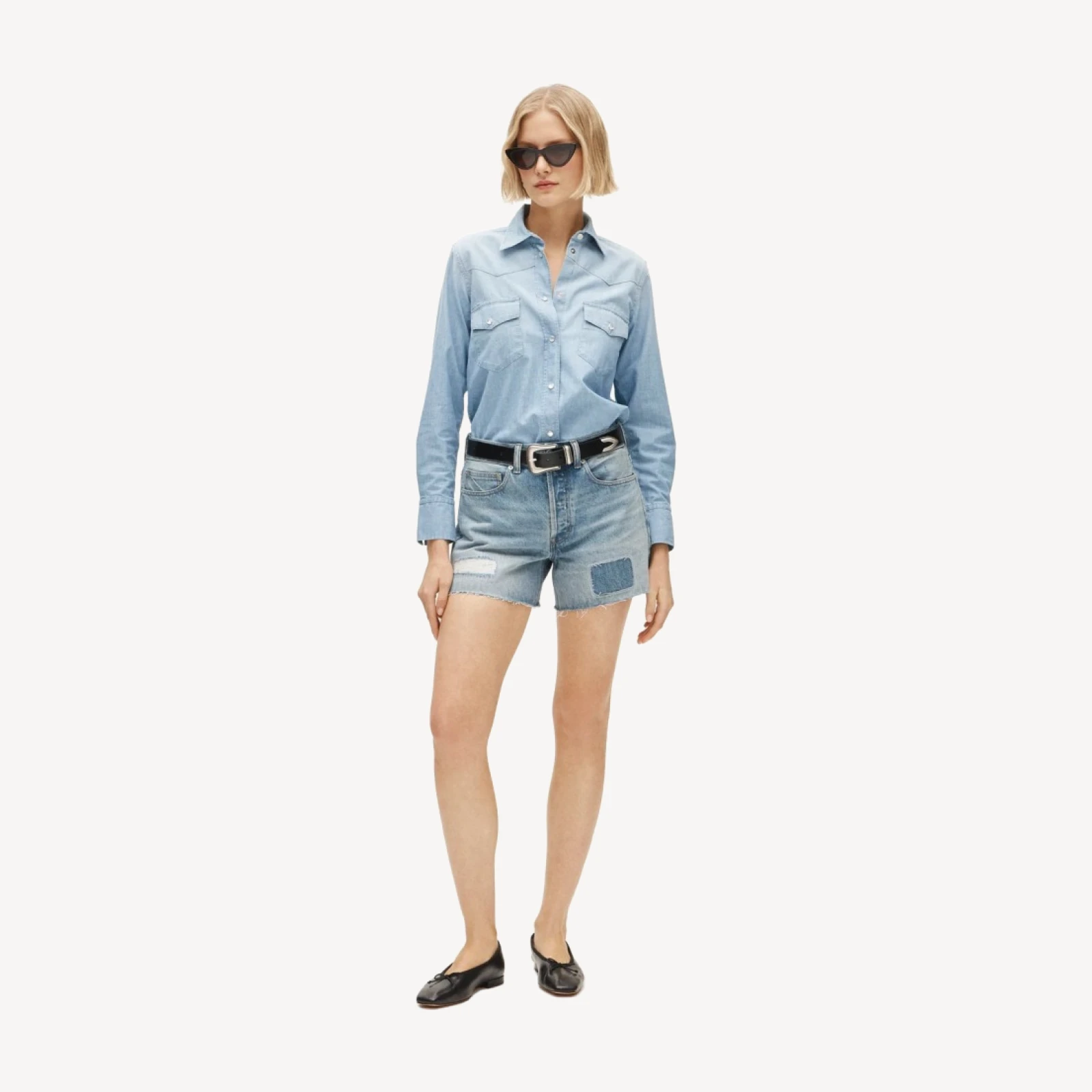 Mid-rise A-line denim short in patchwork