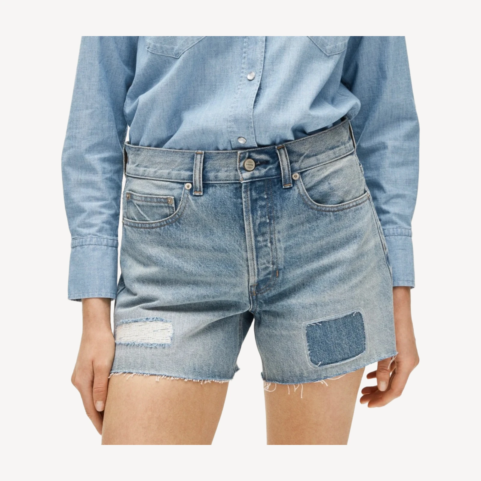 Mid-rise A-line denim short in patchwork