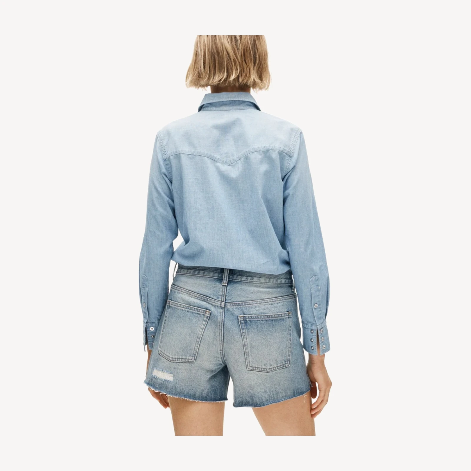 Mid-rise A-line denim short in patchwork