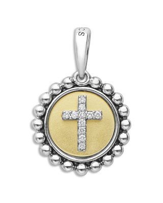 Lagos 18K Yellow Gold & Sterling Silver Signature Caviar Diamond Cross Bead Frame Pendant, 0.05 tcw