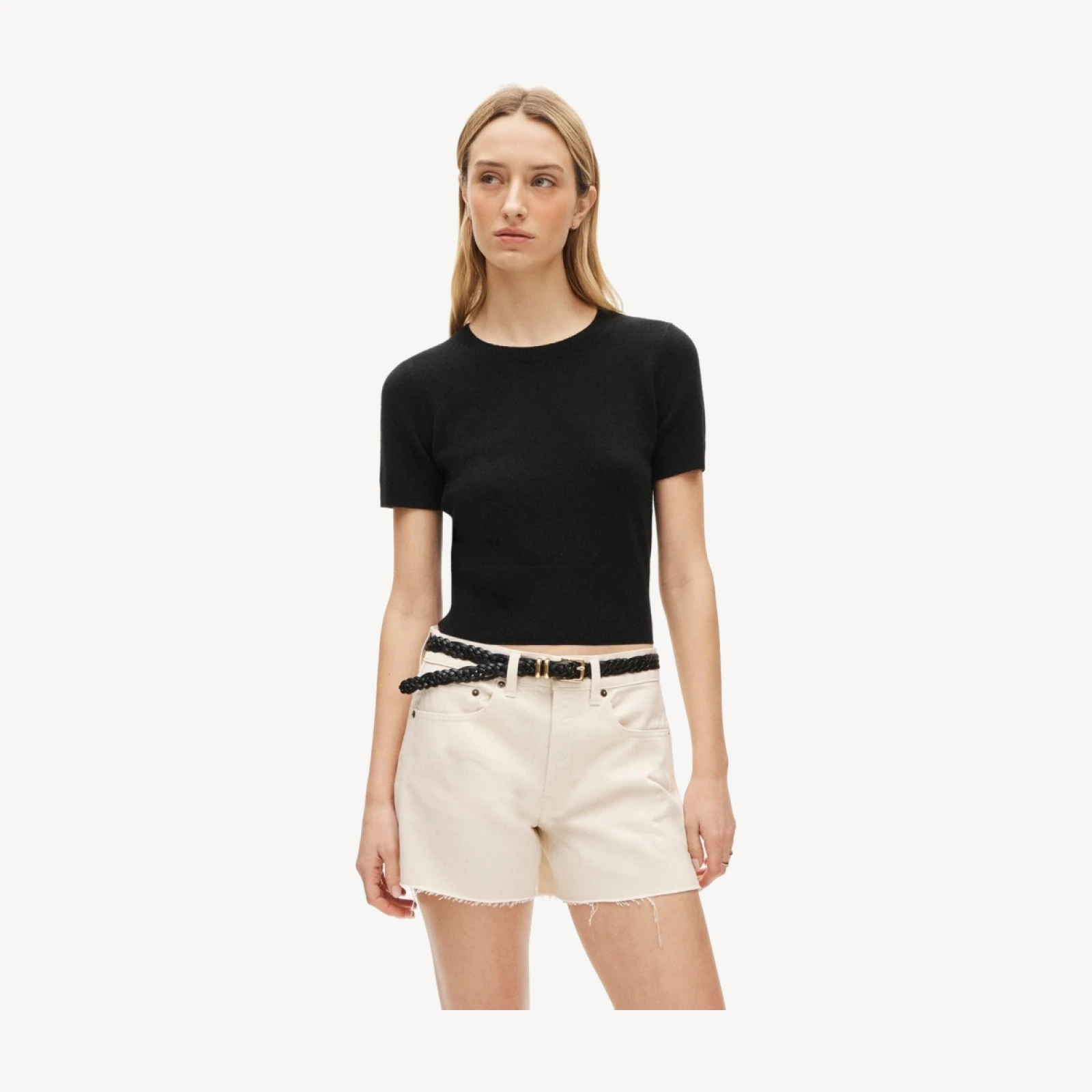 Mid-rise A-line denim short in ecru
