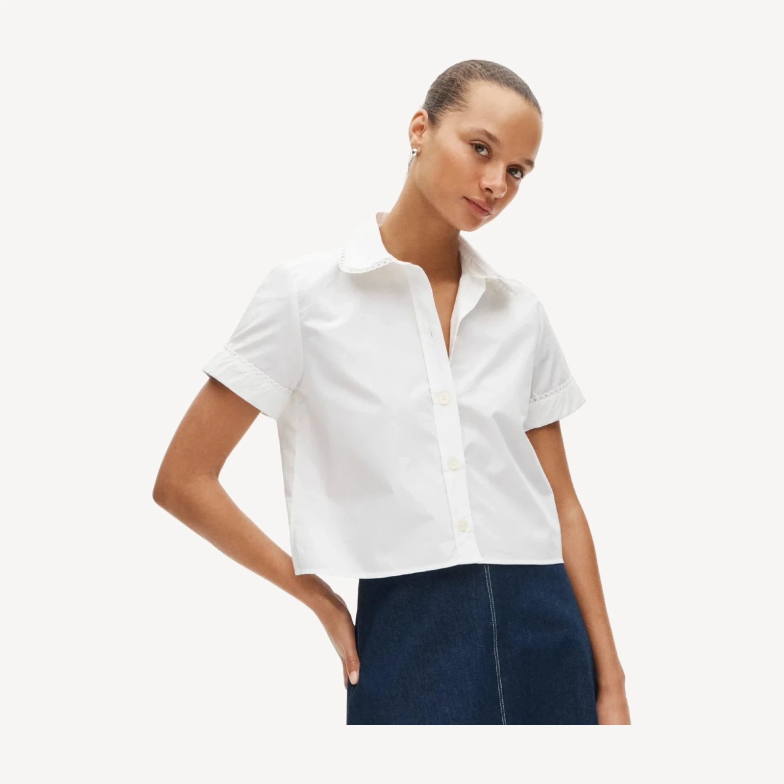 Gamine scallop-trim button-up shirt