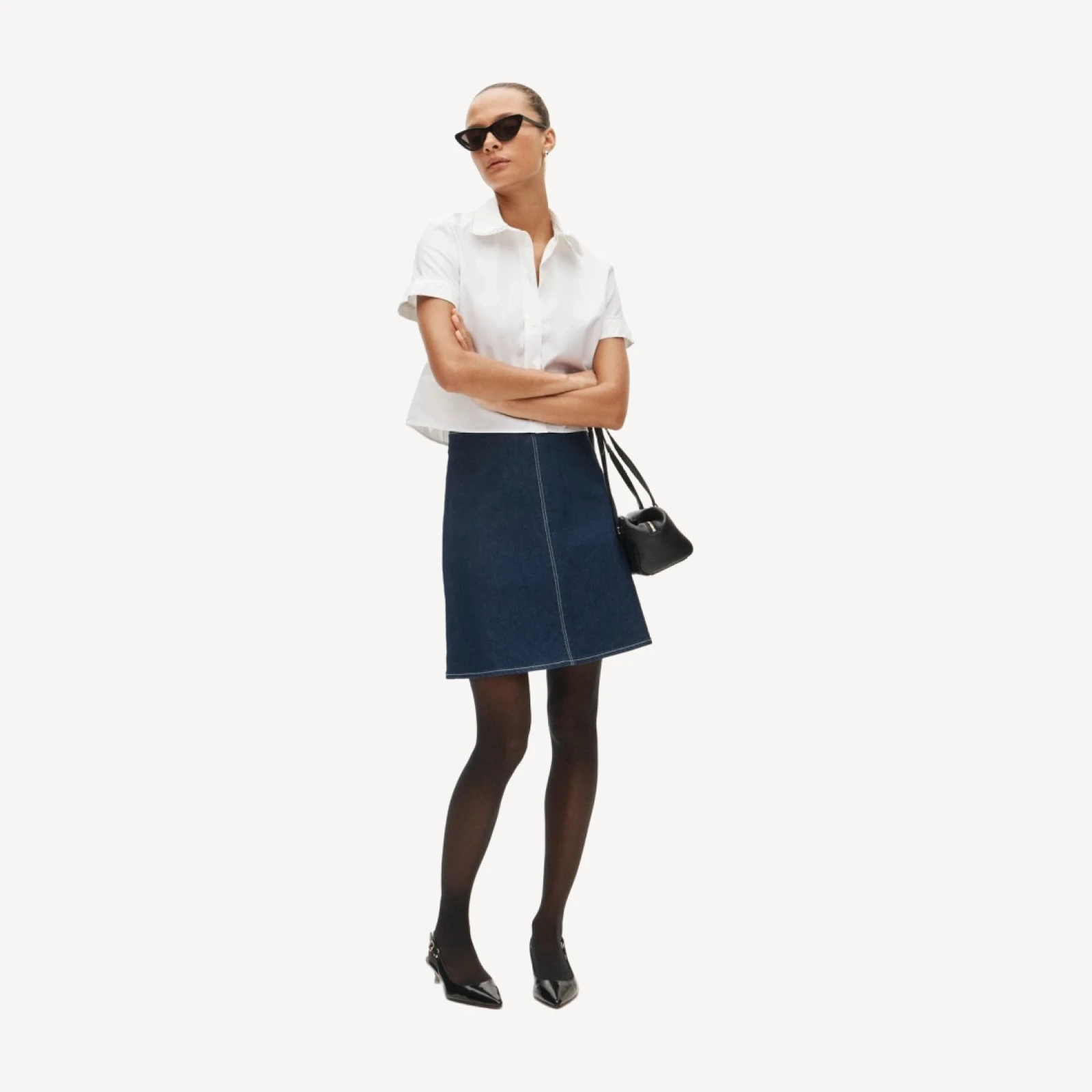 Gamine scallop-trim button-up shirt