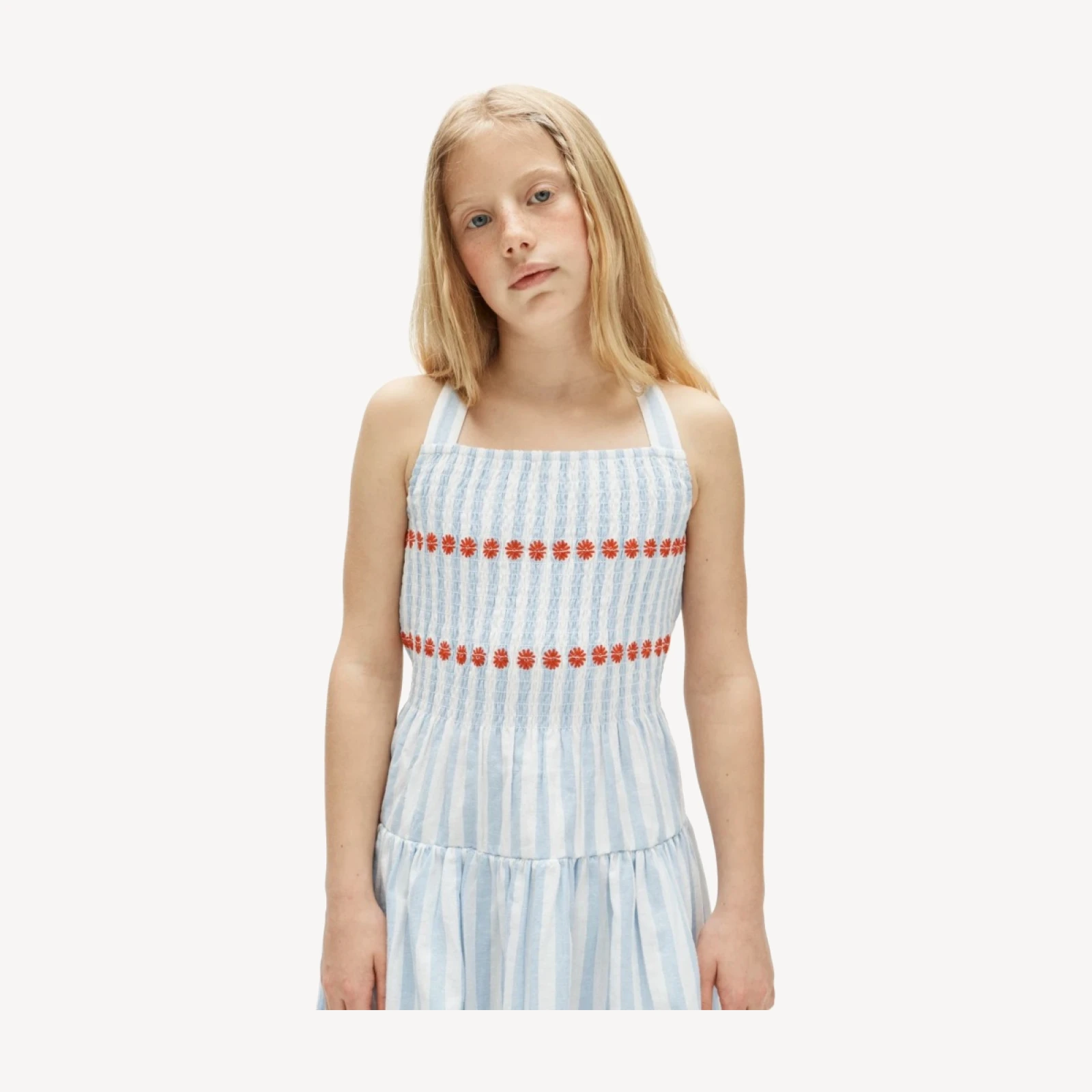 Girls' cross-back dress in linen-cotton blend