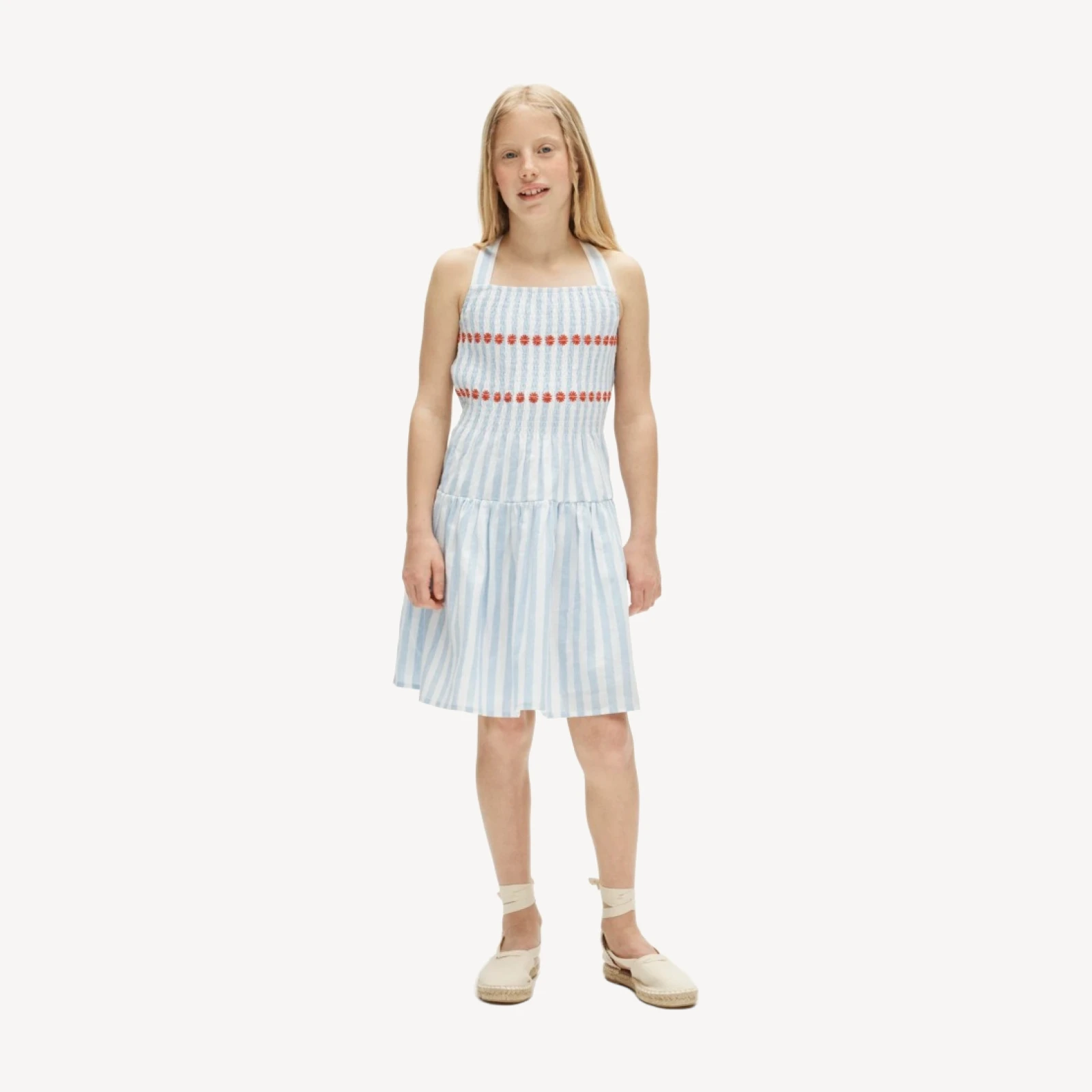 Girls' cross-back dress in linen-cotton blend