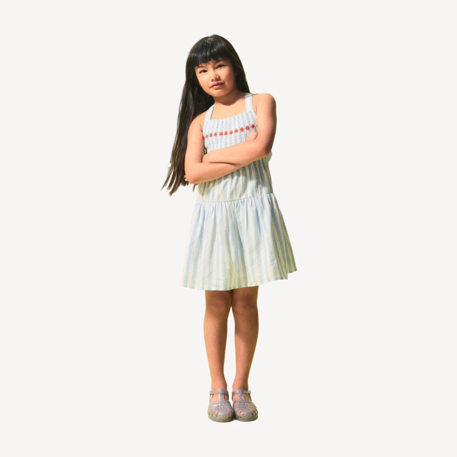 Girls' cross-back dress in linen-cotton blend