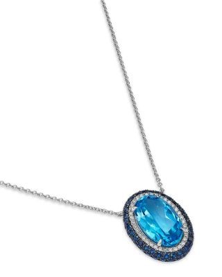 Bloomingdale's Fine Collection Swiss Blue Topaz, Blue Sapphire & Diamond Halo Pendant Necklace in 14K White Gold, 18