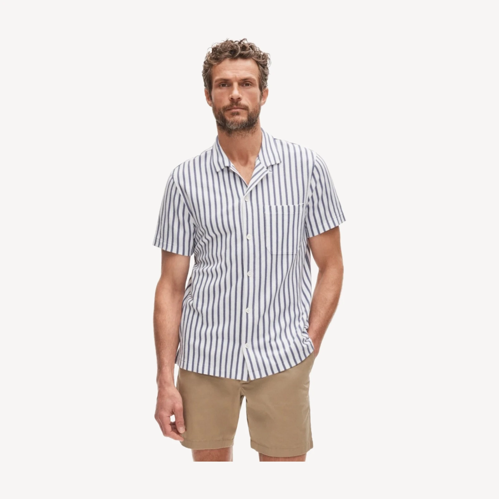 Waffle-knit camp-collar shirt in stripe